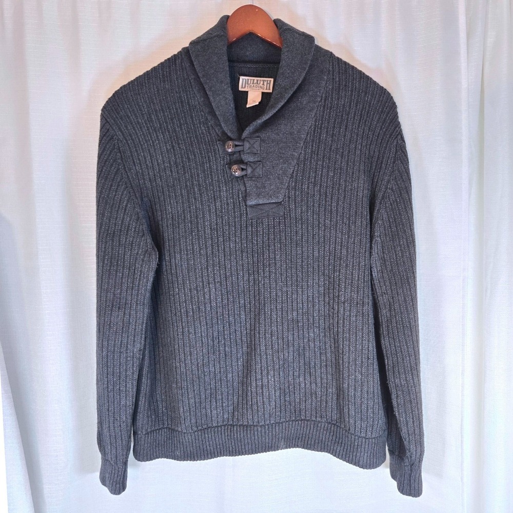 Duluth Trading Co. Mens 2XL Gray Ribbed‎ Knit Shawl Collar Button Sweater